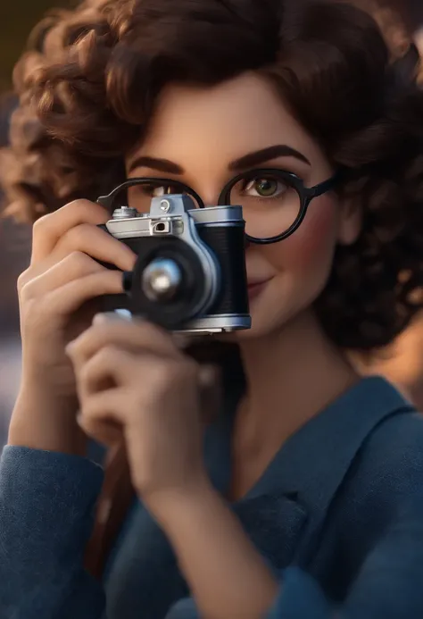 Pixar style image with 3D character white glasses brunette woman short curly hair with camera, Maquiagem Disney,Pescador, bonitinho, sorridente ,Close-up, Pixar, Disney, Cinema lighting,