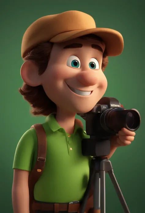 Cartoon character of a man with camera and a green shirt, animation character, Caractere estilizado, animation style rendering, 3D estilizado, Arnold Maya render, 3 d render stylized, toon render keyshot, Personagem 3D, Personagem 3D, 3d rendering stylized...