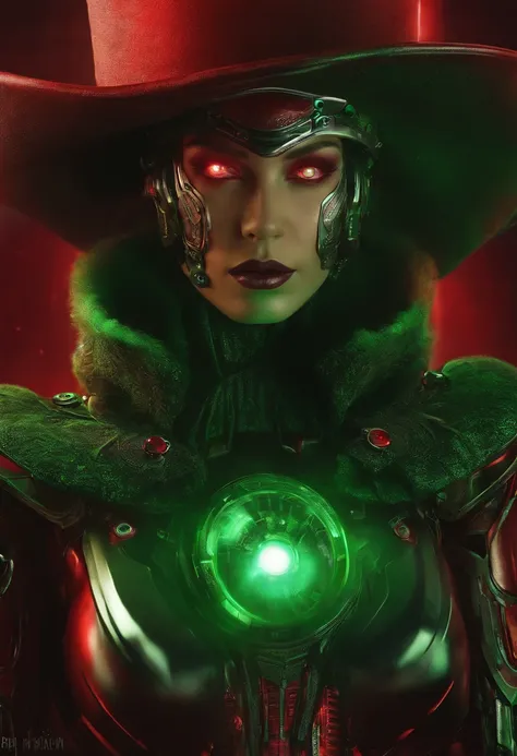 Cyborg red hat with green and red cybernetic eyes