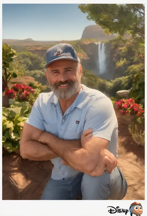 um homem de 50 anos, barba curta, olhos castanhos, with cap, rosto ovulado, uma paisagem de fundo com uma cachoeira, Imagem no estilo Pixar, Estilo de filme animado 3D, Disney - Pixar, camiseta preta, (8k)