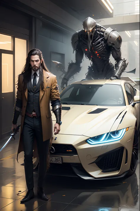 Man with long hair and a sword stranding next to a futuristic car