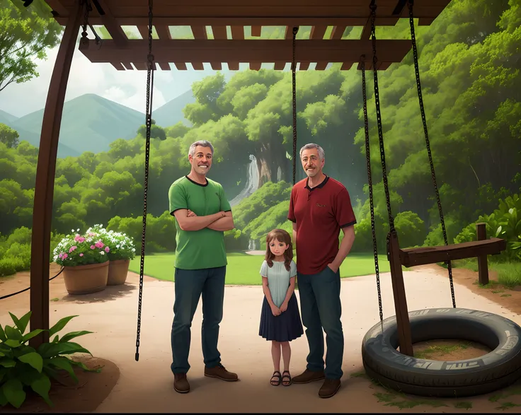 Father And Mother Standing Behind Daughter Sitting On Swing Tire Arch, paisagem verde e montanha verde no fundo