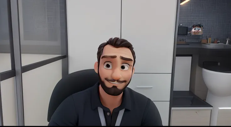 homem, cabelo preto com barba curta, alta qualidade, closed smile, estilo pixar disney