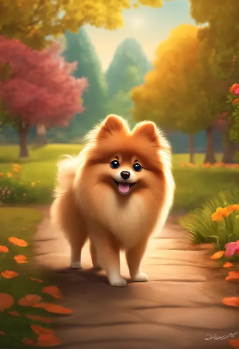 Cute looking german spitz strolling in the park, estilo cartoon, Pixar, ..3d, o primeiro desenho com o corpo um pouco mais laranjinha, borboletas voando ao redor dele