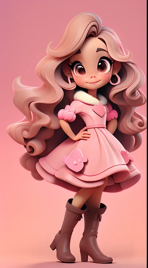 beautiful tan girl, with long dark brown gorgeous wavy hair, dressed in a pink sweater dress and knee high boots. gradient backg...