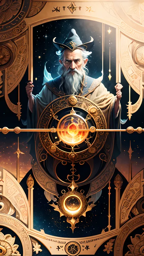 tarot cards，Full tarot border，(The image is surrounded by a tarot card-style border:1.8), Old Man of the East，Vicissitudes，bronze skin，Sage，Wise old man，Realiy，robe，Holding a book，，Very old wizard with a staff, White hair, Outrageously long beard, Wizard r...