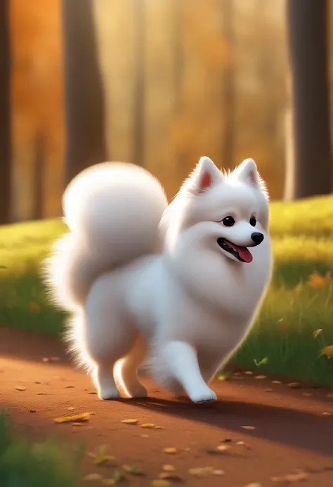 Cute looking german spitz strolling in the park, estilo cartoon, Pixar, ..3d, o primeiro desenho com o corpo um pouco mais laranjinha, borboletas voando ao redor dele