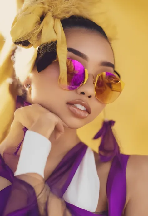 Yae Miko wearing trendy yellow sunglasses, fundo amarelo, cabelo rosa, Purple eyes