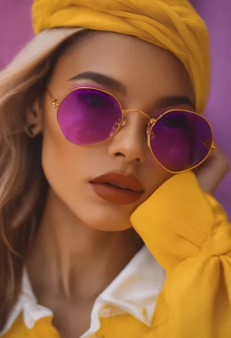 Yae Miko wearing trendy yellow sunglasses, fundo amarelo, cabelo rosa, Purple eyes