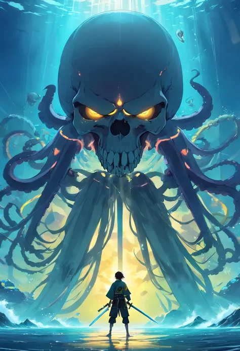 Skull Head Man, roupa preta e amarela segurando uma espada samurai, Facing a giant jellyfish, full of tentacles, apocalyptic scenery, Ultra resolution, Sharp 300DPI 16k image