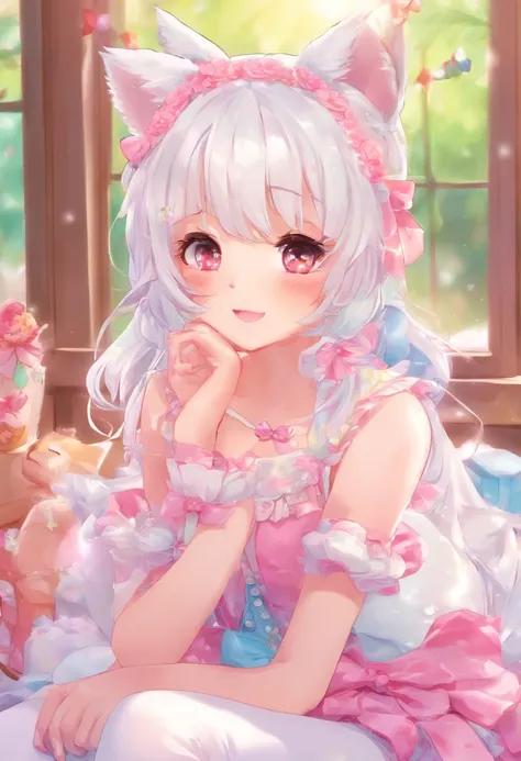 White hair，Cats ears，Pink eyes，Light blue Lolita，White tights，pink bows，inside in room，kneeing on bed