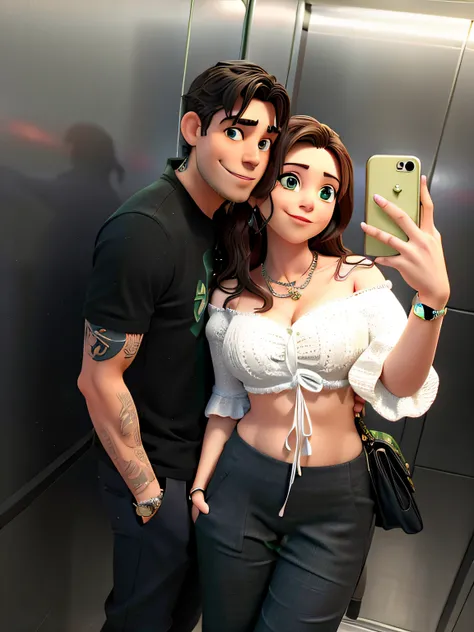 casal posando para foto no espelho do elevador, casal sorrindo, Man with tattoo on upper arm, Woman with green eyes wearing pants and white top, casal bonito