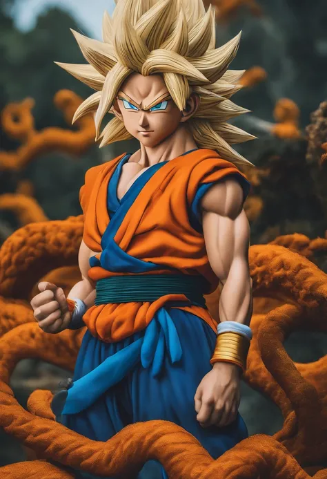 goku ,mulher ,cabelo azul espetado para ciama,roupa laranja,dragon ball