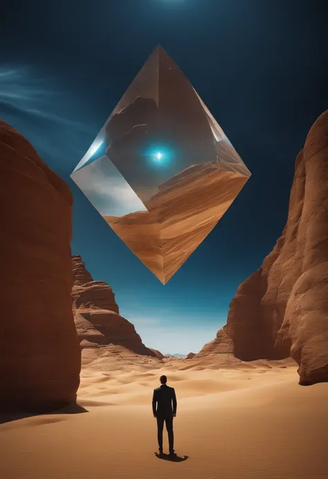 There is a man standing in the desert with a large object, cheio de vidro. CGSetnation, magical crystals, Ainda quadro de um filme, inspirado em Louis Mathieu Verdilhan, Album art for a trance DJ, A Fenda, triangle fragments, Cinematic lens flare, connecte...