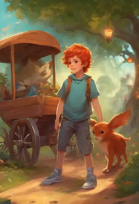 A seven-year-old boy with a shy smile, wearing jeans, camiseta branca, converse vermelho, tennis shoes, e faixa marrom. Hes got red hair thats messy. Standing with a wagon in the backyard near a tree