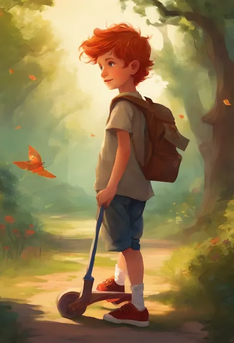 A seven-year-old boy with a shy smile, wearing jeans, camiseta branca, converse vermelho, tennis shoes, e faixa marrom. Hes got red hair thats messy. Standing with a wagon in the backyard near a tree