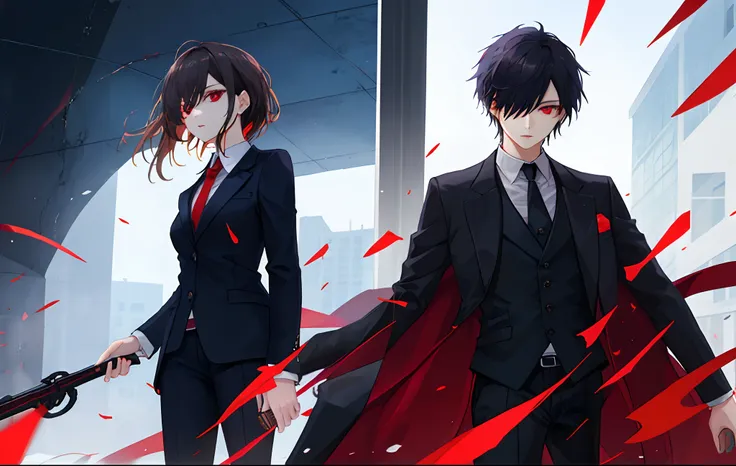 A woman who is superior to a man、The whole body is reflected、A dark-haired、red eyes、quadratic element、dark themed、Hanging eyes、a cool、top-quality、​masterpiece、black suits、Black pants、Adults