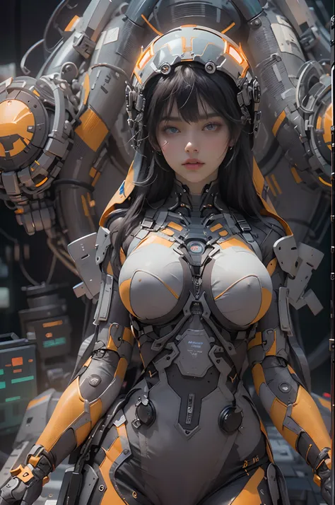 ((of the highest quality)), ((​master piece)), (detail:1.4), orange Translucent black material with mechanical parts and transparent skin, Beautiful woman in cyber bodysuit made of gray carbon material, Glowing pale with LEDs, ((Wide open chest)), Skin of ...