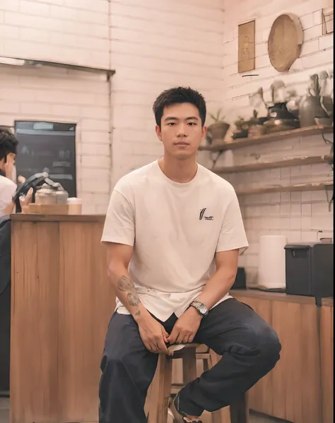 Arafed man sitting on a stool in a café, Retrato no meio da foto, ross bronzeado, Darren Quach, Capturado na Canon EOS R 6, David Luong, mid portrait, instagram post, Ken Wong, set on singaporean aesthetic, john jude palencar, Directed by: Robbie Trevino, ...