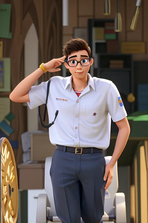 A young man in a PM student outfit with glasses, Disney Pixar Style Sense Position, alta qualidade, melhor qualidade