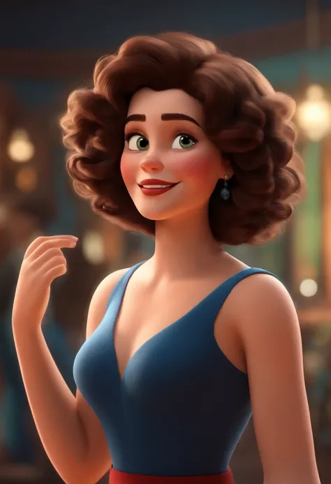 Pixar style image with 3D character brunette woman short curly hair dancing, Maquiagem Disney,Pescador, bonitinho, sorridente ,Close-up, Pixar, Disney, Cinema lighting, cabelo preto curto, olhoa puxados, sorrindo