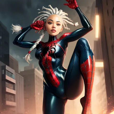 Black spider woman with white dread locs and brown spider man costume