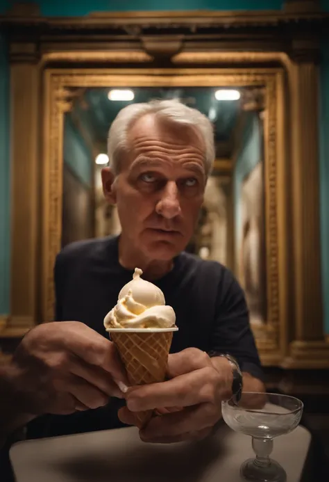 Middle-aged man with big head eating ice cream in museum from tomorrow to duskcerq