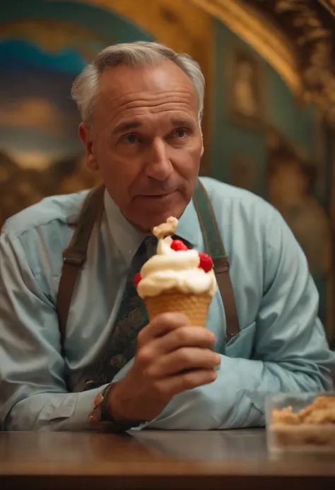 Middle-aged man with big head eating ice cream in museum from tomorrow to duskcerq