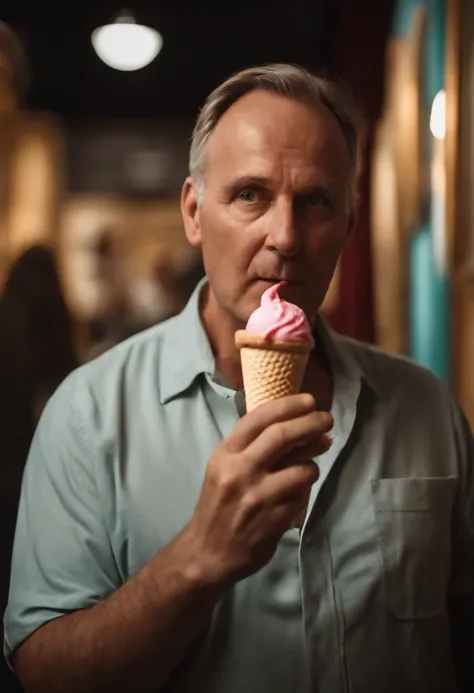 Middle-aged man with big head eating ice cream in museum from tomorrow to duskcerq