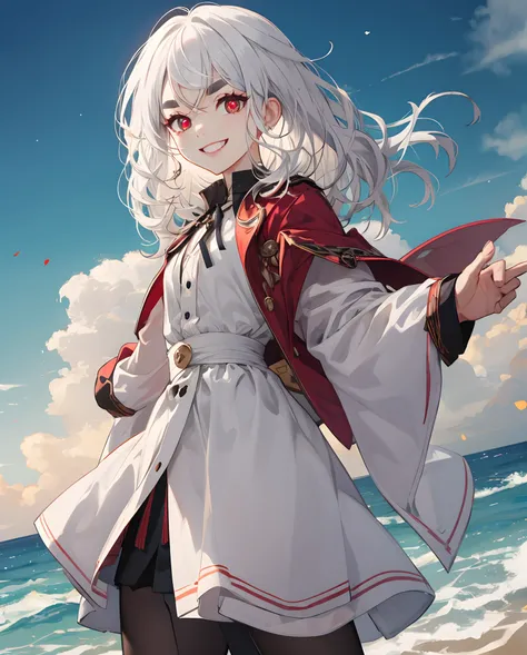 White hair, petite, loli, medium length hair, red pupil, white eyebrows, smiling, wavy hair, hair reaches neck, wavy eyebrows