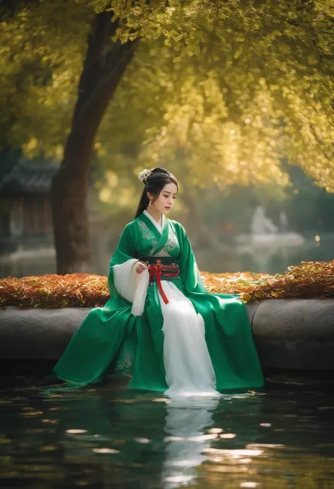 Hanfu, (Ru_Qun), tree, piscina, cabelos brancos, olhos verdes, Nahida_Genshin, Child, master part, best quality