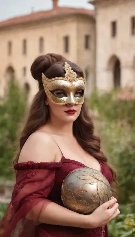 Big Woman with Full Venetian Masquerade Mask.  A female with a sphere, dans un jardin, with a building in the background.