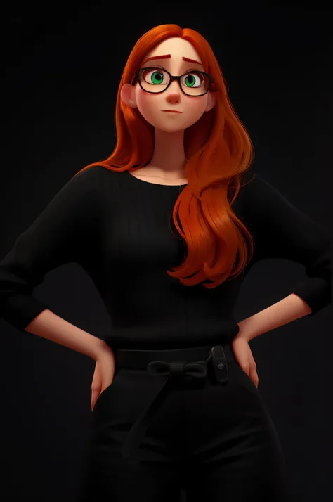 A thin white woman with black clothes, orange hair, black glasses, green eyes, Disney Pixar style, high quality, best quality