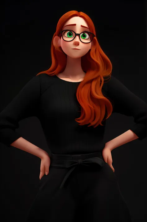 A thin white woman with black clothes, orange hair, black glasses, green eyes, Disney Pixar style, high quality, best quality