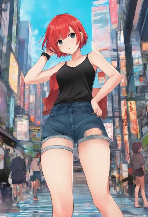 1girl, short red hair, black eyes, wearing plain black shirt, denim shorts, city, absurdres, high res, ultrasharp, 8K, masterpiece, looking fat butt