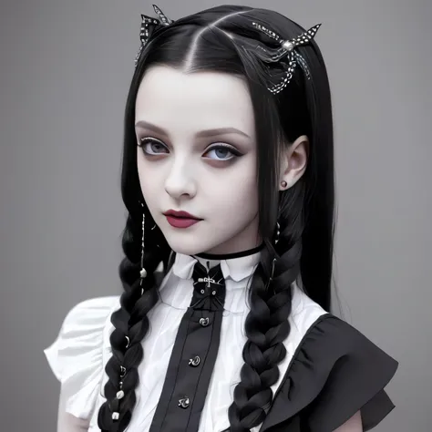 young slim 1girl, (Wednesday Addams:1.3), (photorealistic:1.4), Gothic makeup, sexy pose, (neckline), (pleated very short skirt:1.3), silver buckle belt, (straps and spikes), leather boots, small chest, small waist, looking at the camera, beautiful symmetr...