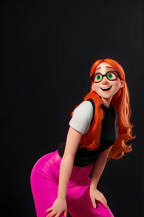 A thin white woman with black and pink clothes, orange hair, black glasses, green eyes, making jokes and super happy, Disney Pixar style, high quality, best quality