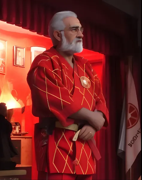 Theres a man in a red robe standing in a room, vestindo vestes vermelhas douradas, totalmente vestido com vestes vermelhas, vestindo vestes vermelhas, usando armadura de quimono, manto vermelho, Riichi Ueshiba, vestes vermelhas, usando cruz no manto, usand...