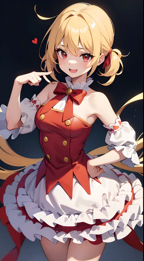 Young Girl, a blond、Pony tail、Ahoge、Red Eyes、small tits, The form of the royal clown, ssmile, Clown makeup, masutepiece, hiquality