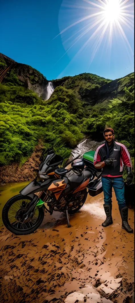 Theres a man standing next to a motorcycle on a dirt road, em frente a uma cachoeira, david rios ferreira, cachoeiras ao fundo, ao lado de uma cachoeira, standing near a waterfall, cachoeira ao fundo, com uma cachoeira, com montanhas ao fundo, touring, com...