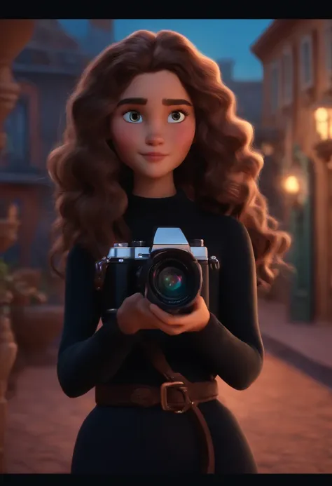 personagem da disney pixar b , Wavy haired brunette girl in black clothes holding a camera , close-up,Cinema Animation