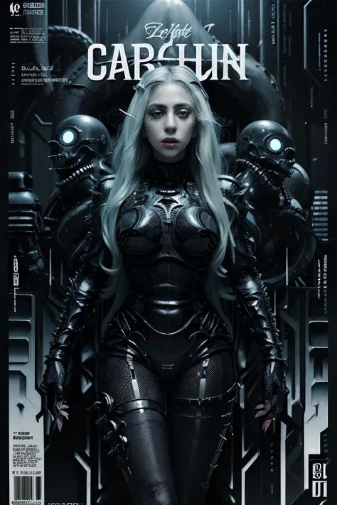 lovecraftian lady gaga, sexy female cyborg, magazine cover, poster art , lovecraftian creative creatures, hint of vibrant, bold ...