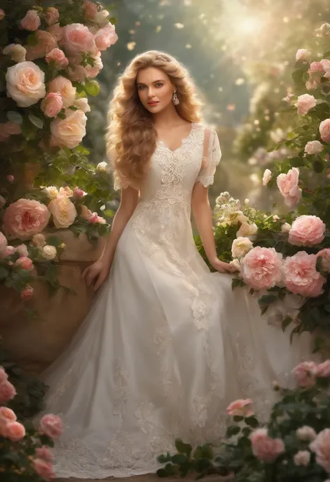 A girl standing in a vibrant flower garden, surrounded by blooming roses, delicate daisies, and lush greenery. She has curly golden hair cascading down her shoulders and beautiful detailed eyes that sparkle in the sunlight. Her lips are rosy and naturally ...