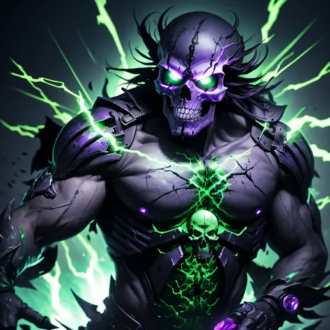 being attacked by living dead skull, full body, rim light, green, purple energy, lightining