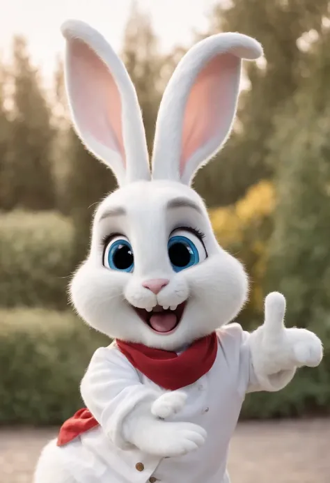 3D Pixar Disney style, adorable full-length white rabbit with a big, wide smile with visible upper teeth, big blue eyes, big ears and a chefs hat on his head, wears a maple red dolman with chrome buttons, in a backdrop completely white, sharp focus, RAW Ph...