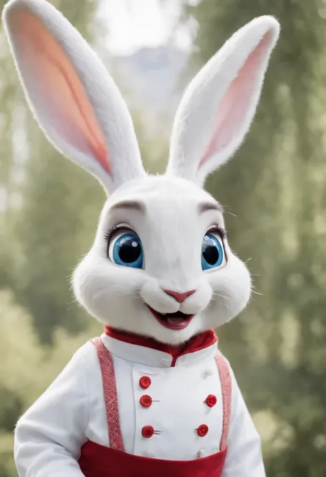 3D Pixar Disney style, adorable full-length white rabbit with a big, wide smile with visible upper teeth, big blue eyes, big ears and a chefs hat on his head, wears a maple red dolman with chrome buttons, in a backdrop completely white, sharp focus, RAW Ph...