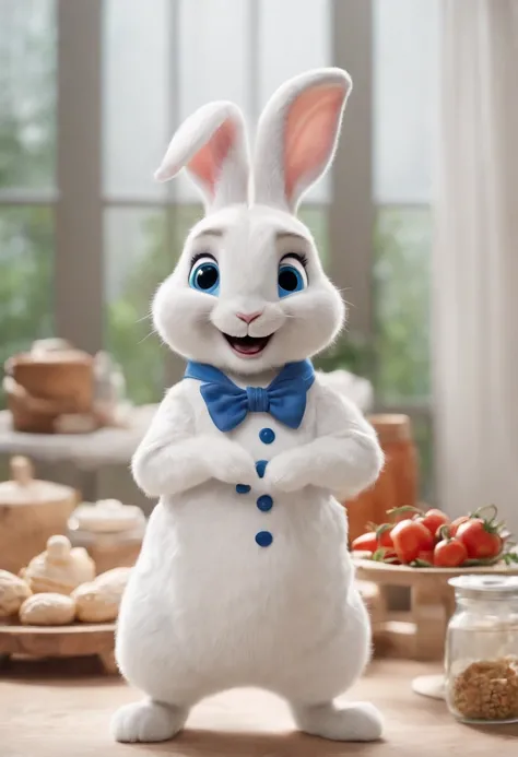 3D Pixar Disney style, adorable full-length white rabbit with a big, wide smile with visible upper teeth, big blue eyes, big ears and a chefs hat on his head, wears a maple red dolman with chrome buttons, in a backdrop completely white, sharp focus, RAW Ph...