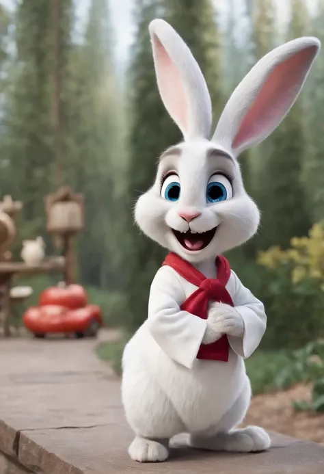 3D Pixar Disney style, adorable full-length white rabbit with a big, wide smile with visible upper teeth, big blue eyes, big ears and a chefs hat on his head, wears a maple red dolman with chrome buttons, in a backdrop completely white, sharp focus, RAW Ph...