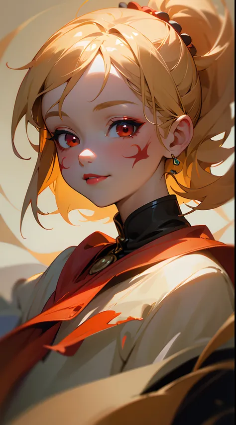 Illustration,Oil Painting,3D Rendering,Photography,Portraits,landscape,Colorful,Bright lighting,16-year-old girl,Light golden hair flowing in a ponytail,Innocent and pure smile, Big round red eyes that can melt your heart、A slight smil、Laugh,Small and deli...