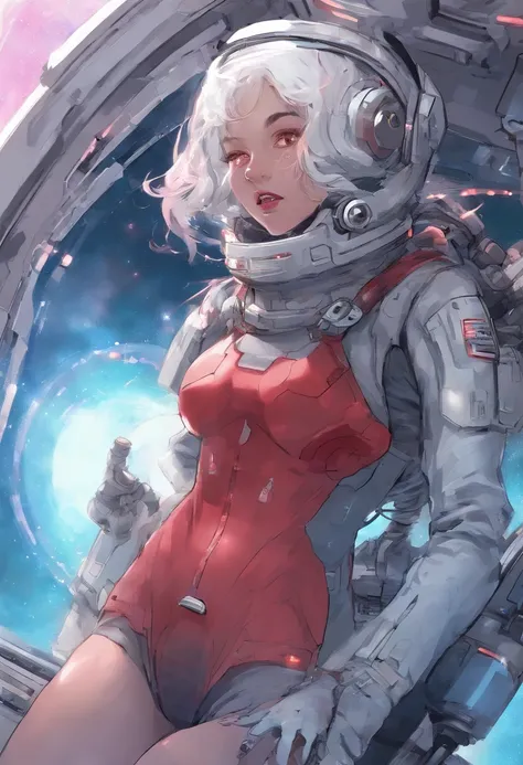 teenage girl on a space station with her breasts and vagina exposed, nsfw, gray hair, red eyes, blush, small breasts